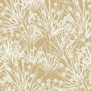 Sketched grass and tiny flowers in golden brown and white. Jumbo scale