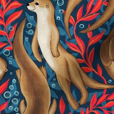 Adorable Otters and Fish in Bright Red and Navy Blue Gouache Large