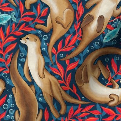 Adorable Otters and Fish in Bright Red and Navy Blue Gouache Medium 