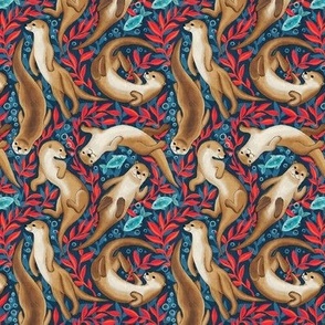 Adorable Otters and Fish in Bright Red and Navy Blue Gouache Extra Small