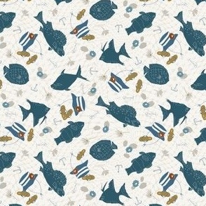 Navy Fish Hook Fabric, Wallpaper and Home Decor