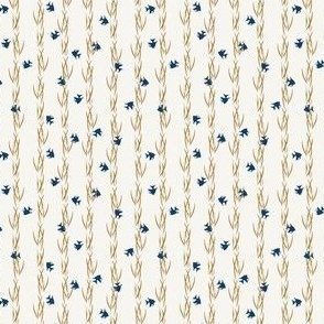 (S) goldenrod water plant and navy blue fish in vertical lines on white