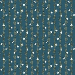 (S) goldenrod water plant and white fish in vertical lines on navy blue