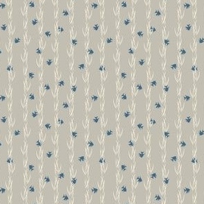 (S) white water plant and navy blue fish in vertical lines on grey