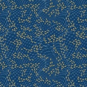 (S) goldenrod yellow fish swarm behind blue fishing net on navy blue