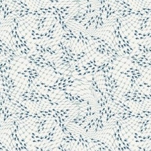 (S) navy blue fish swarm behind blue fishing net on white