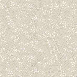 (S) white fish swarm behind grey fishing net on beige