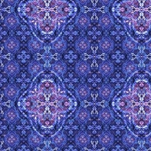 Pinkish medallion on dark blue detailed maximalist