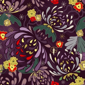 Chrysanthemum Floral in Purple, Gold, Reds, and Green