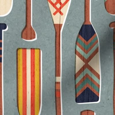 Paddle ON // normal scale // morning blue textured background navy blue ivory yellow aqua green coral and red retro canoe paddle lake life vibes