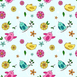 Hand Drawn Birds and Flowers in Teal, Pink, Yellow - Large Scale