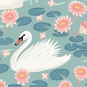 Serene Swan Lake, (large) on aqua fabric