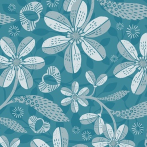 Jumbo Floral Hero_Blue, Teal, Silver, Gray, Grey