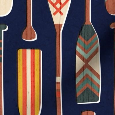 Normal scale// Paddle ON // navy blue textured background ivory yellow aqua pine green coral and red retro canoe paddle lake life vibes 