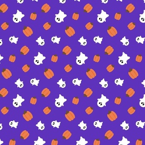 Hand Drawn Halloween Ghosts and Pumpkins in Purple, Orange, White - Large Scale