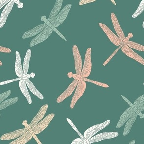 Hand-Drawn Dancing Dragonflies on an Evergreen Ground Color_Large