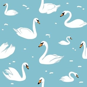 Cute Mama and Baby Swans on Blue, Graceful Swan Family on Serene Lake for Nursery