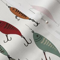 fishing lures - lake life rust Sienna green on a warm neutral background 