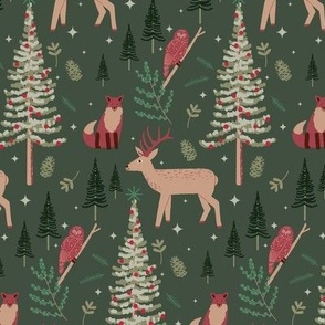 Christmas Forest Whimsical Pattern with Trees, Deer, Fox, and Owl