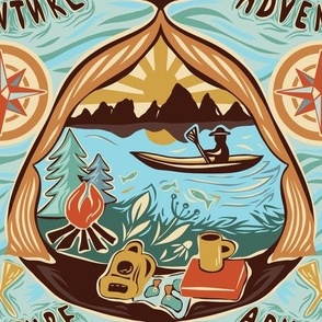 Adventure Explore. Landscape with mountains, boat and tent. Lake Life