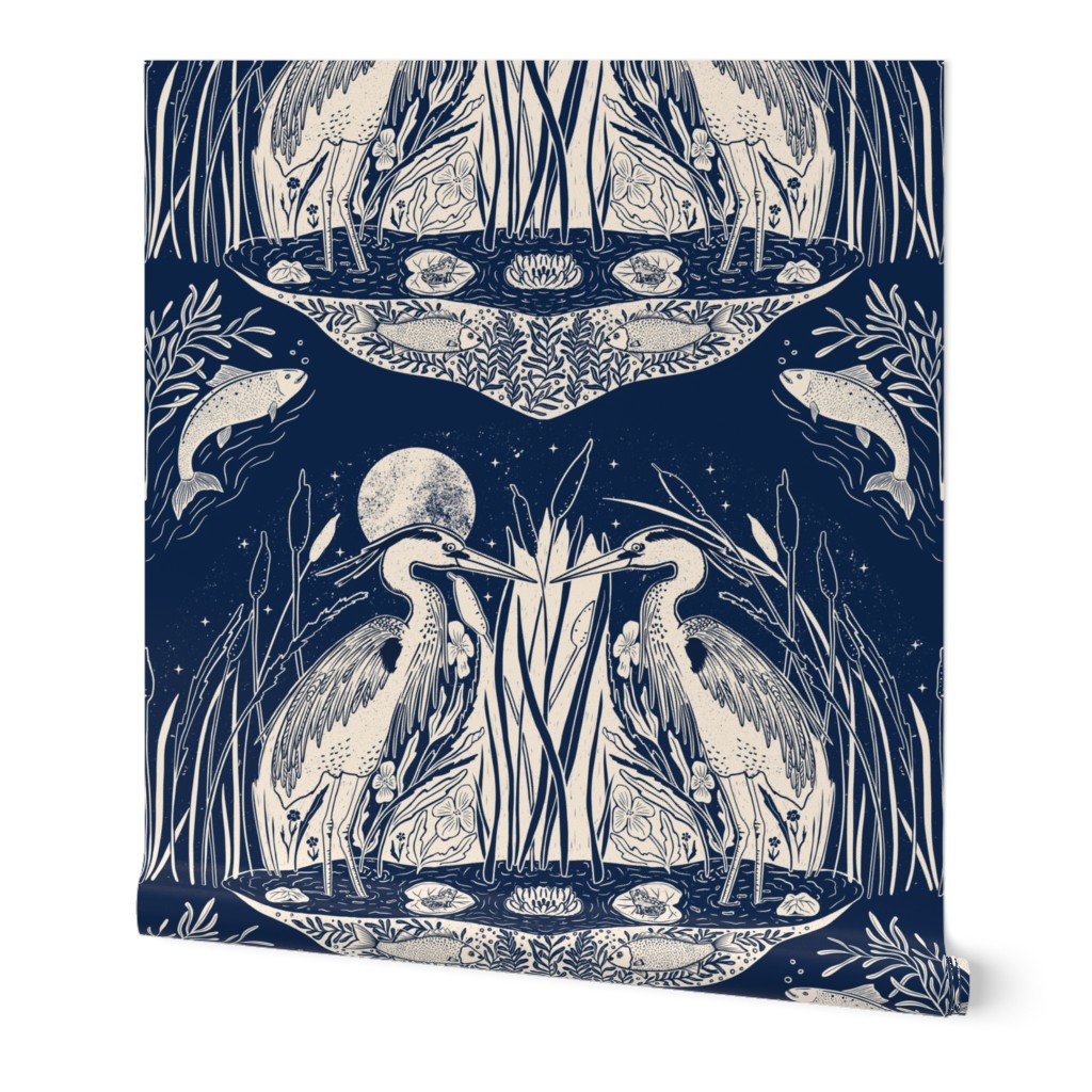 Night Time on The Lake-Blue Heron_ fish and frog- Dark Blue- Large