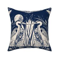 Night Time on The Lake-Blue Heron_ fish and frog- Dark Blue- Large