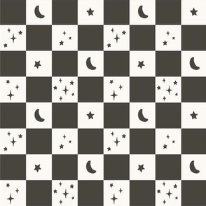 black & cream checkers with moons & stars | playful retro checkered fall Halloween print