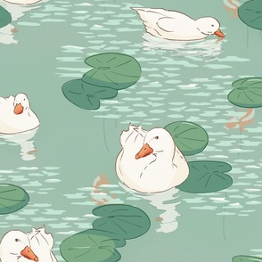 White ducks swimming in lake with lily pads (medium size version)