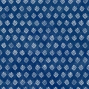 Bali Block Print Leaf in Indigo (small scale) | Hand block printed leaves pattern on vintage indigo linen texture, blue and white batik, rustic block print fabric, natural decor, plant fabric in deep blue.