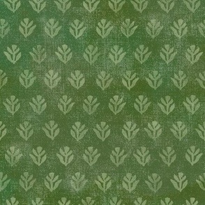 Bali Block Print Leaf in Olive | Hand block printed leaves pattern on vintage fern green linen texture, rich olive green batik, rustic block print fabric, natural decor, plant fabric in verdant greens.