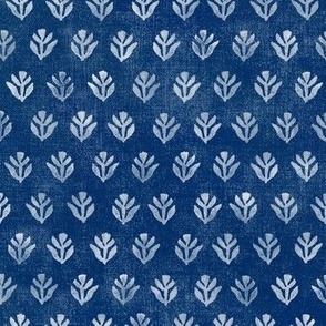 Bali Block Print Leaf in Indigo | Hand block printed leaves pattern on vintage indigo linen texture, blue and white batik, rustic block print fabric, natural decor, plant fabric in deep blue.