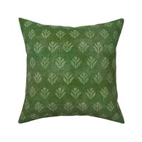 Bali Block Print Leaf in Olive (xl scale) | Hand block printed leaves pattern on vintage fern green linen texture, rich olive green batik, rustic block print fabric, natural decor, plant fabric in verdant greens.