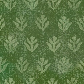 Bali Block Print Leaf in Olive (xl scale) | Hand block printed leaves pattern on vintage fern green linen texture, rich olive green batik, rustic block print fabric, natural decor, plant fabric in verdant greens.