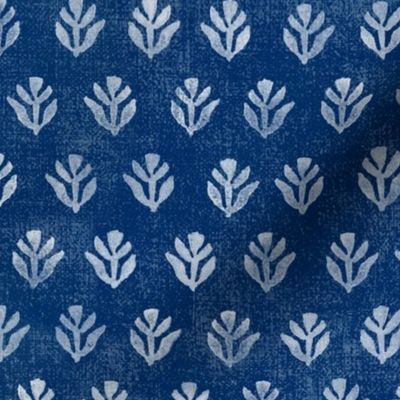 Bali Block Print Leaf in Indigo (large scale) | Hand block printed leaves pattern on vintage indigo linen texture, blue and white batik, rustic block print fabric, natural decor, plant fabric in deep blue.
