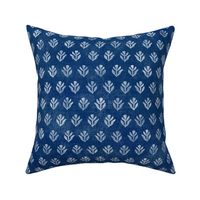 Bali Block Print Leaf in Indigo (large scale) | Hand block printed leaves pattern on vintage indigo linen texture, blue and white batik, rustic block print fabric, natural decor, plant fabric in deep blue.