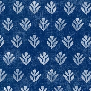 Bali Block Print Leaf in Indigo (large scale) | Hand block printed leaves pattern on vintage indigo linen texture, blue and white batik, rustic block print fabric, natural decor, plant fabric in deep blue.