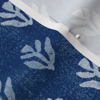 Bali Block Print Leaf in Indigo (xl scale) | Hand block printed leaves pattern on vintage indigo linen texture, blue and white batik, rustic block print fabric, natural decor, plant fabric in deep blue.