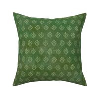 Bali Block Print Leaf in Olive (large scale) | Hand block printed leaves pattern on vintage fern green linen texture, rich olive green batik, rustic block print fabric, natural decor, plant fabric in verdant greens.