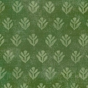 Bali Block Print Leaf in Olive (large scale) | Hand block printed leaves pattern on vintage fern green linen texture, rich olive green batik, rustic block print fabric, natural decor, plant fabric in verdant greens.