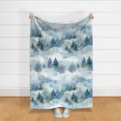 Magic Winter Forest Rural Watercolor Landscape In Shades Of Blue Large Scale