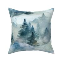 Magic Winter Forest Rural Watercolor Landscape In Shades Of Blue Large Scale