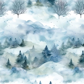 Magic Winter Forest Rural Watercolor Landscape In Shades Of Blue Medium Scale
