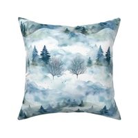 Magic Winter Forest Rural Watercolor Landscape In Shades Of Blue Smaller Scale