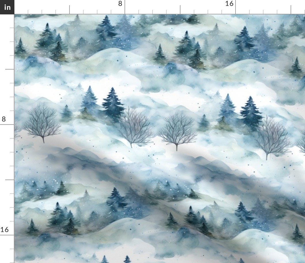 Magic Winter Forest Rural Watercolor Landscape In Shades Of Blue Smaller Scale