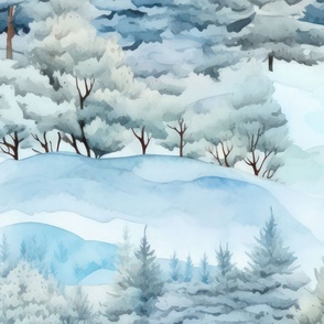 Untouched Winter Wonderland Rural Watercolor Landscape In Shades Of Blue Large Scale