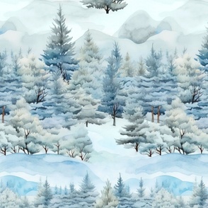 Untouched Winter Wonderland Rural Watercolor Landscape In Shades Of Blue Medium Scale