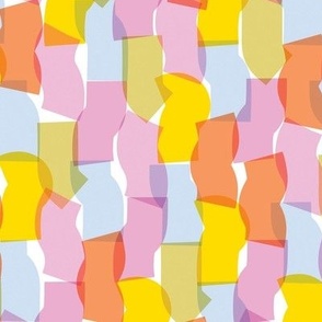 Overlapping disco confetti abstract shapes in pink, yellow, and orange party fabric 