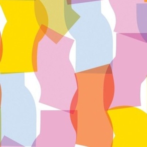 Large-scale overlapping disco confetti abstract shapes in pink, yellow, and orange party fabric 