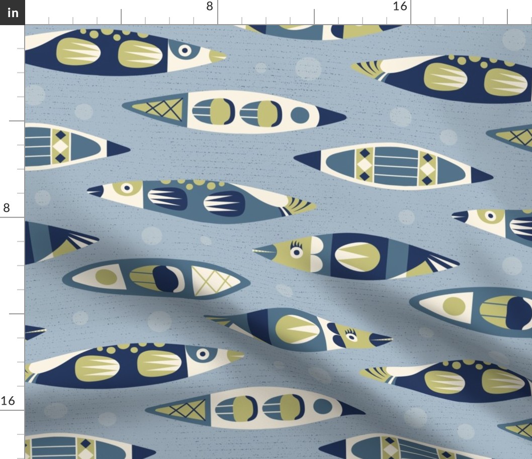 (L) Canoeing with fishes, fish canoes and kayaks water sports  blue gray and dill green