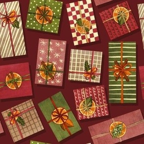 Holiday Presents with Orange Slices - red background